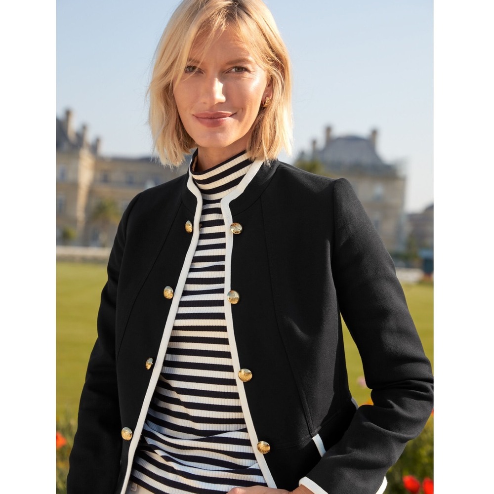 Talbots Petite Black Ivory Military Crest Button Blazer Jacket 12P